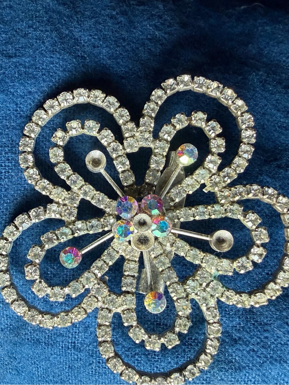 Crystal Floral AB and Clear Rhinestone XL Brooch - Silver Tone